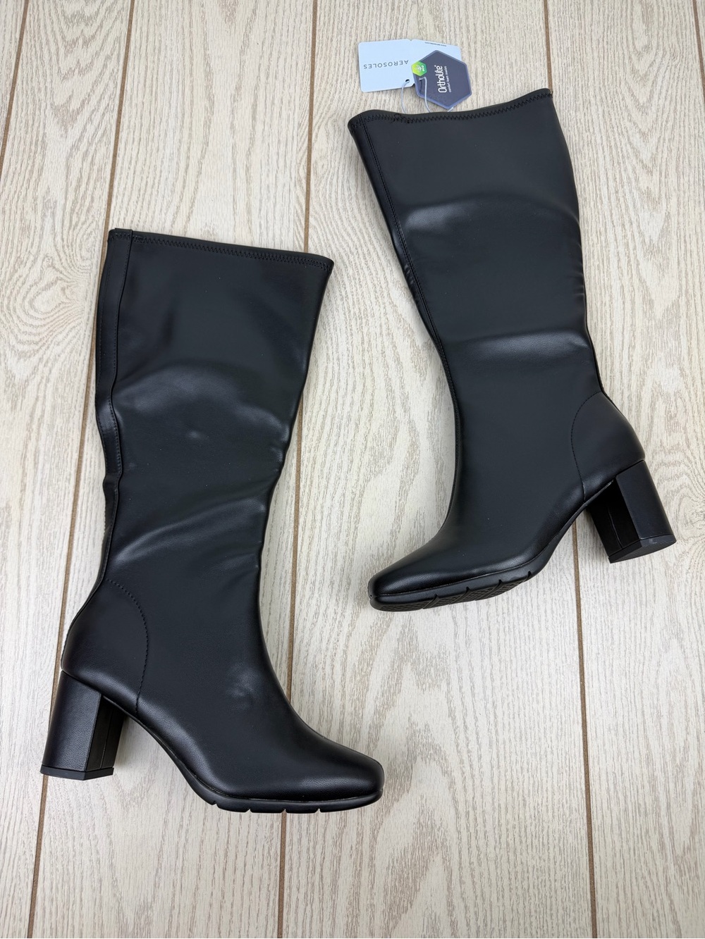 Aerosoles Women's Micah Block Heel Tall Boot 6.5W Black Faux Leather $140